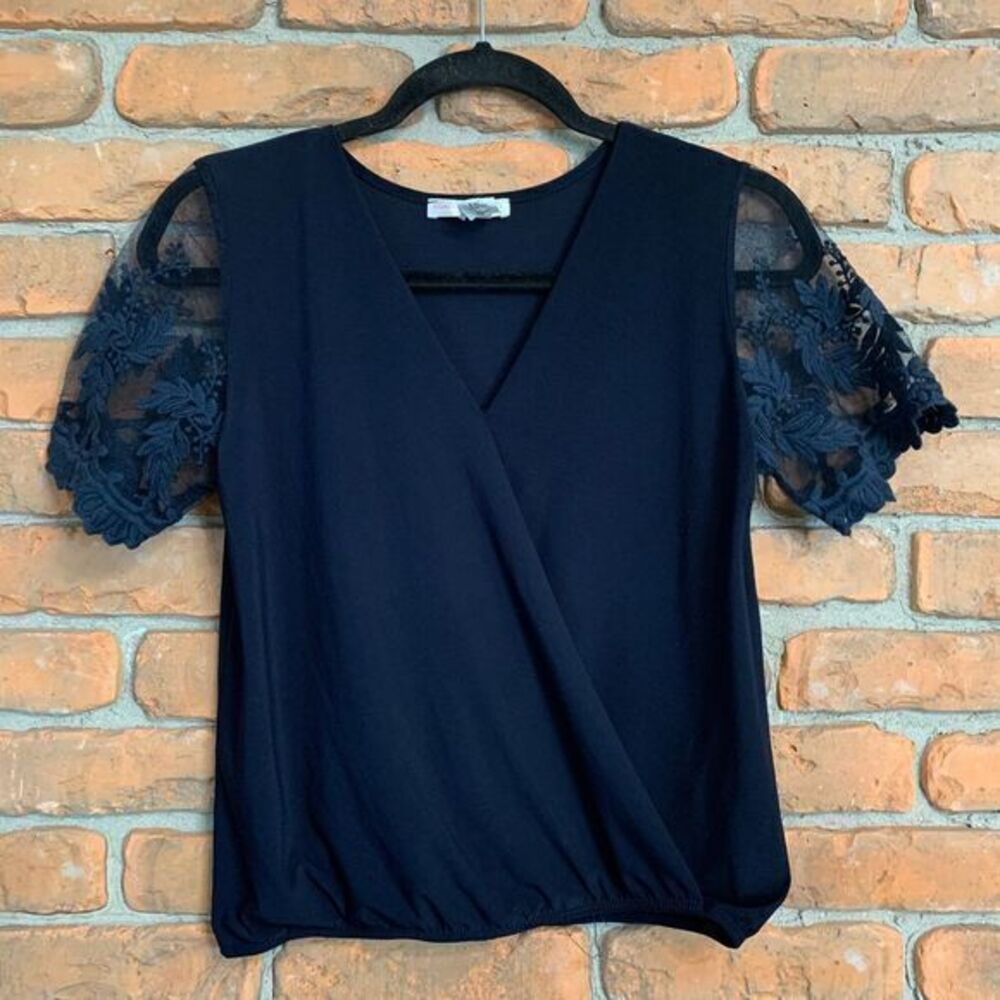 A'gaci Women's Embroidered Lace Sleeve Faux Wrap V-Neck Blouse Navy Blue Size S